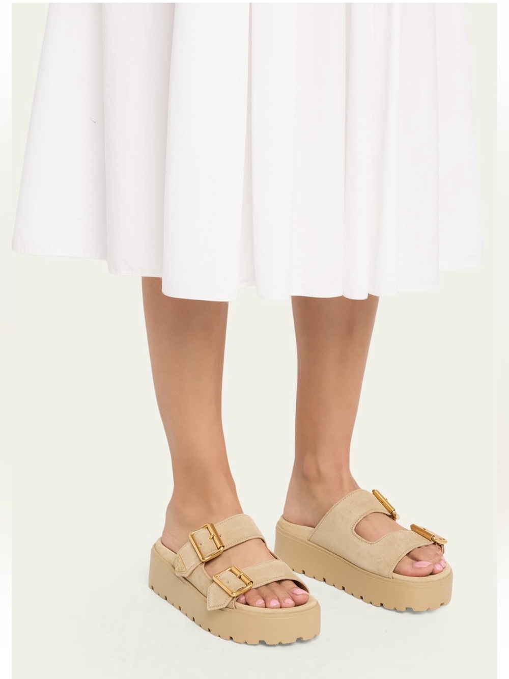 Prada Tan Double-Buckle Platform Slide Sandal